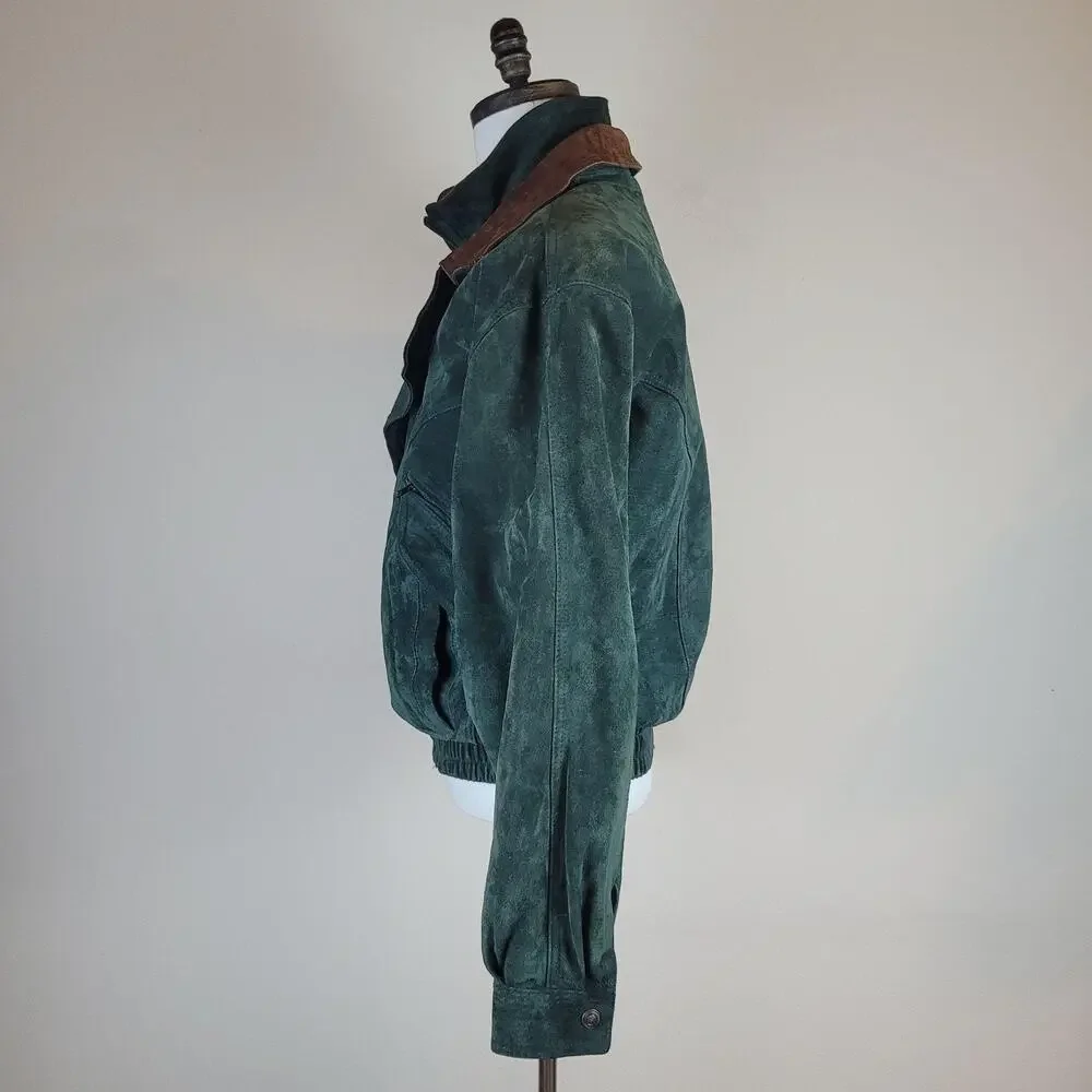 Vintage Green Suede Jacket Men Small Bomber Leather Trim Zip 90s Double Breasted